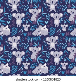 Vector seamless pattern with cute koala bears and floral element. Bright childish texture with funny animals, leaves, flowers. Print for kids textile.