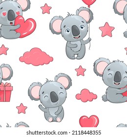 Vector seamless pattern with cute koalas in pink clouds and stars. Bright children's pattern with tropical animals, clouds, hearts and stars. Printing on children's textiles.