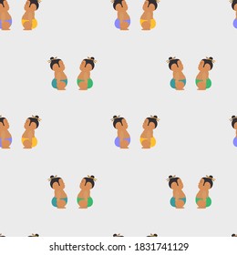 Vector seamless pattern with cute kokeshi doll. Japanese . Oriental martial arts. Sumo wrestlers. Funny flat seamless pattern.