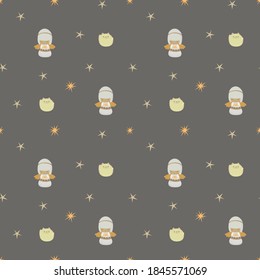 Vector seamless pattern with cute kokeshi doll. Japanis . Oriental martial arts. Maneki neko, angel, star on dark background. 