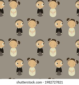 Vector seamless pattern with cute kokeshi doll. Japanis. Oiental martial arts. Wedding.
Bride and groom.