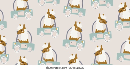 Vector seamless pattern with cute lamas, alpacas driving the truck, vehicle on beige background. Simple and stylish kids pattern, perfect for nursery, textile, print, bedding for boys and girls
