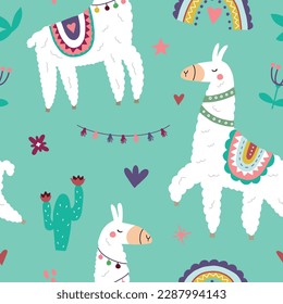 Vector seamless pattern with cute lamas in bright colors in scandinavian style. Cute cartoon lama. Ideal for children's printed materials.