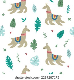 Vector seamless pattern with cute lamas in bright colors in scandinavian style. Cute cartoon lama. Ideal for children's printed materials.