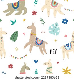 Vector seamless pattern with cute lamas in bright colors in scandinavian style. Cute cartoon lama. Ideal for children's printed materials.