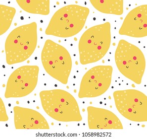 vector seamless pattern, cute lemon faces