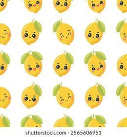 Vector seamless pattern with cute lemons on white background. Happy fruit with leaves.