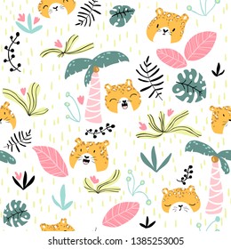 Vector seamless pattern with cute leopard and tropical plants. Nursery texture in scandinavian style great for children's clothes,  fabric, textile, wallpapers, backgrounds. 