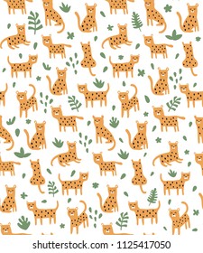 vector seamless pattern, cute leopards on white background, tropical leaves