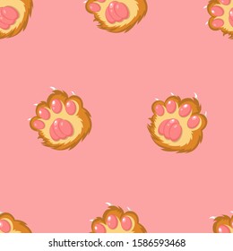 Vector seamless pattern with cute light brown animal paws with claws on pink. Cat, cheetah, lion. Pretty , nice design for children clothes, wallpaper, fabric.
