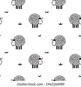 Vector seamless pattern with cute line sheep with curly wool on white color background