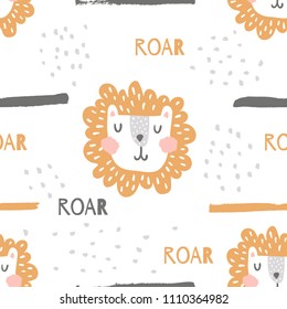 vector seamless pattern, cute lion head and roar text