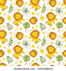 Vector seamless pattern with cute lion. Pattern for fabric, baby clothes, background, textile, wrapping paper and other decoration.