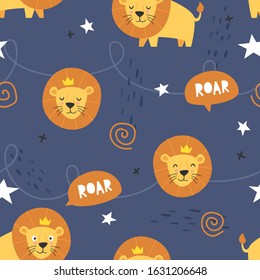 Vector seamless pattern Cute lion with crown, Adorable little lion seamless pattern. Vector cute animal background