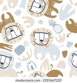 Vector seamless pattern with cute lions, pineapples and rainbows on a white. Print for kids with African animals. Jungle, tropical hand drawn texture for fabric, children's clothes, textiles.