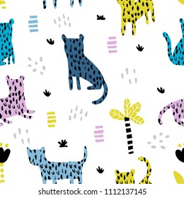 vector seamless pattern, cute little panters on white background