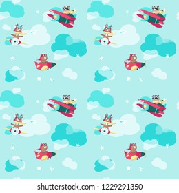 Vector seamless pattern with cute little bear, deer and raccon flying on airplane and biplane. Funny pilot animals background, wallpaper, fabric, wrapping paper.