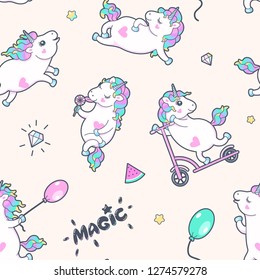 Vector seamless pattern with cute little unicorns
