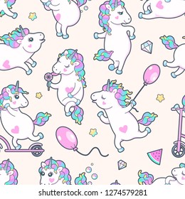 Vector seamless pattern with cute little unicorns