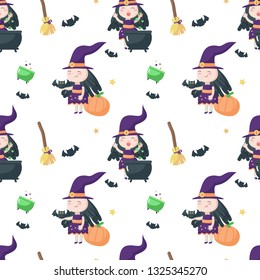 Vector seamless pattern with cute little witch preparing magic potion in cauldron and broomsticks, pumpkins, bats around her. Halloween background, wallpaper, fabric, wrapping paper.