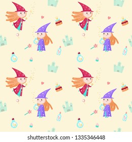Vector seamless pattern with cute little girls, kind sorceresses, fairy tale characters doing magic using magic wand and potion. Childish enchantress background, wallpaper, fabric, wrapping paper.