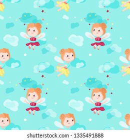 Vector seamless pattern with cute little girls, mythical creatures and fairy tale characters with wings flying in the sky. Childish fairy background, wallpaper, fabric, wrapping paper.