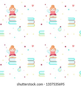 Vector seamless pattern with cute little girls, mythical creatures and fairy tale characters with wings reading book. Childish fairy background, wallpaper, fabric, wrapping paper.