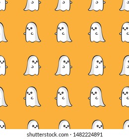 Vector seamless pattern with cute little ghosts on orange background. Simple Halloween design for greeting card, gift box, fabric, web design.