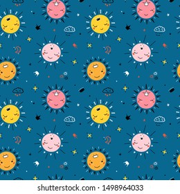 Vector Seamless Pattern with Cute Little Princess Suns, Clouds and Crowns. Cartoon Doodle Funny Happy Sun Face Vector Illustration. Sky Background for Kids Fashion, Scandinavian Nursery, Baby Shower 