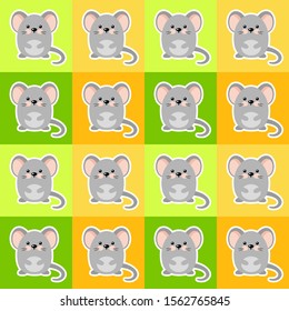 Vector seamless pattern with cute little mice on yellow, orange and green squares. Cartoon animal background. Cute bird wrapping paper. Bright winter illustration.