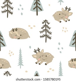 vector seamless pattern, cute little deers are sleepinh in a pine woods