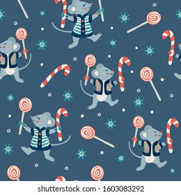 Vector seamless pattern with cute little mice, lollipops, candy canes and snowflakes on dark blue background. Great print for fabric, wrapping papers, wallpapers, covers. Winter and christmas theme.
