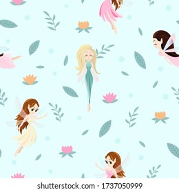 Vector seamless pattern with cute little fairy tale girls, mythical flying creature characters with wings. Childish fairy and flowers background, wallpaper, fabric, wrapping paper