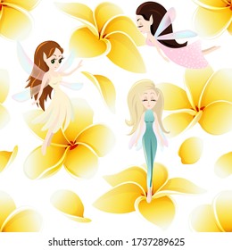 Vector seamless pattern with cute little fairy tale girls, mythical flying creature characters with wings. Childish fairy and plumeria flowers background, wallpaper, fabric, wrapping paper