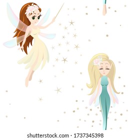 Vector seamless pattern with cute little fairy tale girls, mythical flying creature characters with wings. 