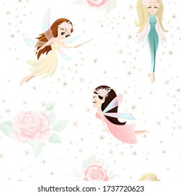 Vector seamless pattern with cute little fairy tale girls, mythical flying creature characters with wings. Childish fairy and stars background, wallpaper, fabric, wrapping paper