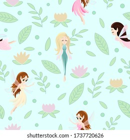 Vector seamless pattern with cute little fairy tale girls, mythical flying creature characters with wings. Childish fairy and flowers background, wallpaper, fabric, wrapping paper