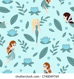 Vector seamless pattern with cute little fairy tale girls, mythical flying creature characters with wings. Childish fairy and flowers background, wallpaper, fabric, wrapping paper