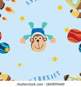 Vector seamless pattern with cute little astronaut. Creative vector childish background for fabric, textile, nursery wallpaper, poster, card, brochure. Vector illustration background.