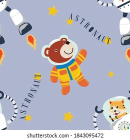 Vector seamless pattern with cute little astronaut. Creative vector childish background for fabric, textile, nursery wallpaper, poster, card, brochure. Vector illustration background.