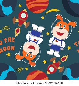 Vector seamless pattern with cute  little astronaut, rocket and stars. Creative vector childish background for fabric, textile, nursery wallpaper, poster, brochure. Vector illustration background.