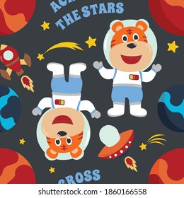 Vector seamless pattern with cute  little astronaut, rocket and stars. Creative vector childish background for fabric, textile, nursery wallpaper, poster, brochure. Vector illustration background.