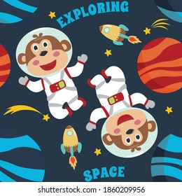 Vector Seamless Pattern With Cute  Little Monkey Astronaut, Rocket And Stars Creative Vector Childish Background For Fabric, Textile, Nursery Wallpaper, Poster, Brochure Vector Illustration Background