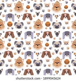 Vector seamless pattern with cute little dogs and their footprints. cute pattern with pugs, pomeranian spitz. flat style illustration for veterinary clinics, pet stores, animal care products design