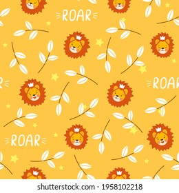 Vector seamless pattern with cute little orange lions playing in forest foliage. Colorful summer print with african animals for kids textile