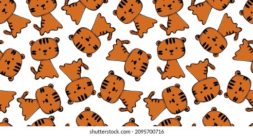 Vector seamless pattern with cute little tigers isolated on white. Hand drawn holiday doodle illustration.  For print, textile, gift wrapping, cards, banners, baby projects. Symbol of 2022 year.