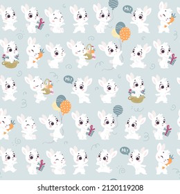 Vector seamless pattern with cute little white bunnies isolated. Nursery design, flat simple cartoon style. For banners, children cards, packaging papers, prints etc.