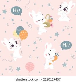 Vector seamless pattern with cute little white bunnies isolated. Nursery design, flat simple cartoon style. For banners, children cards, packaging papers, prints etc.