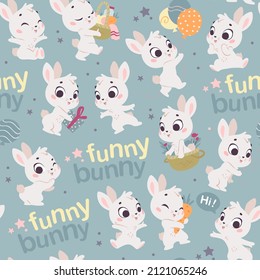Vector seamless pattern with cute little white bunnies isolated. Nursery design, flat simple cartoon style. For banners, children cards, packaging papers, prints etc.