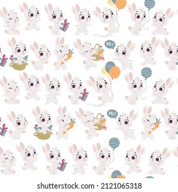 Vector seamless pattern with cute little white bunnies isolated. Nursery design, flat simple cartoon style. For banners, children cards, packaging papers, prints etc.